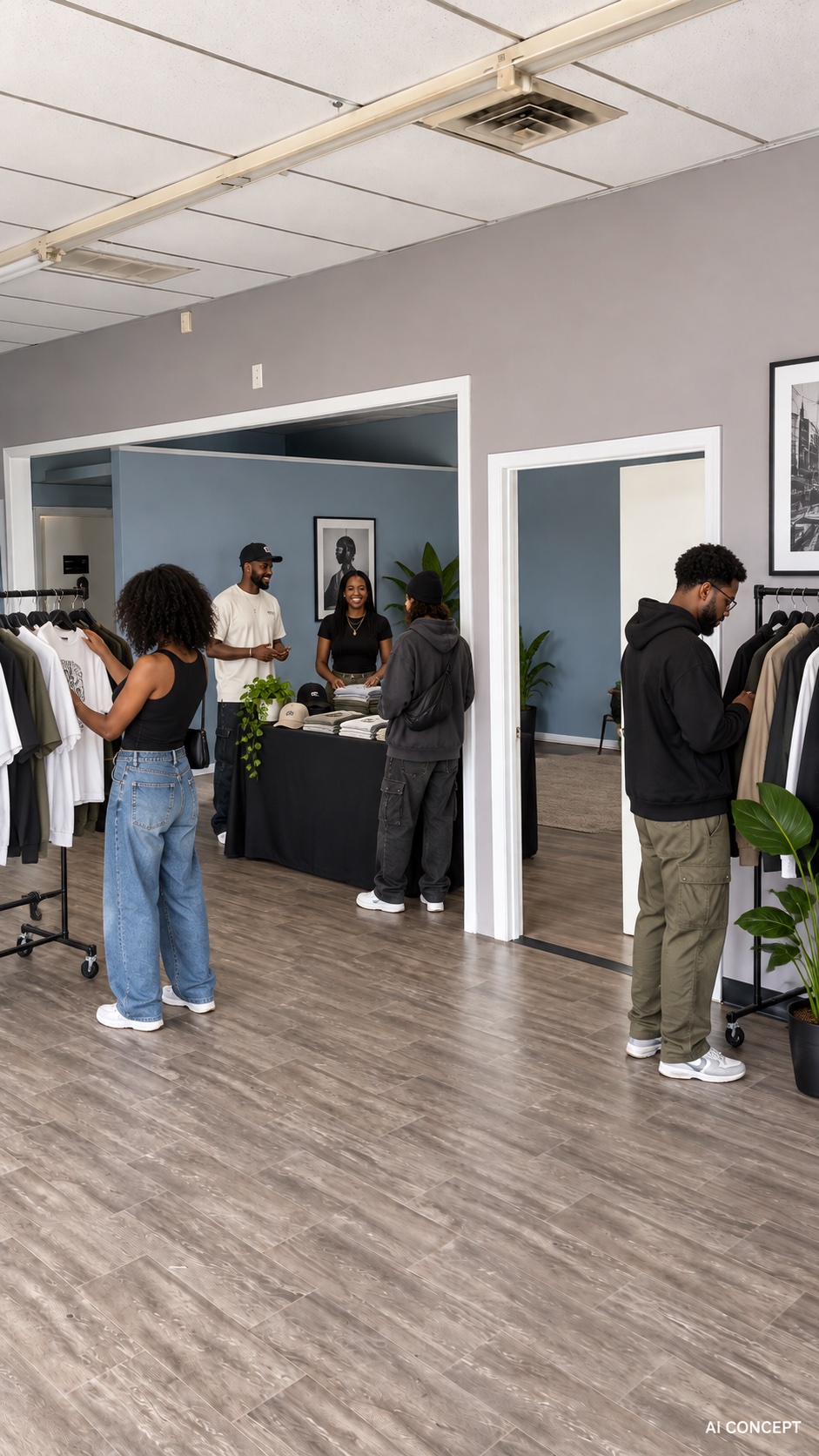 AI concept: People browsing clothing racks and a vendor table in the Gasline space