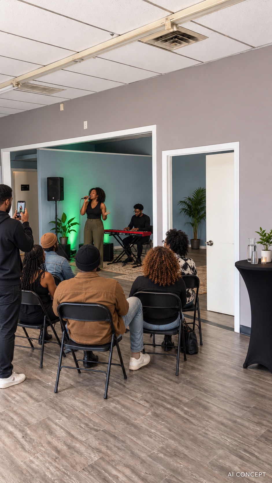 AI concept: A singer and keyboard player performing for a small seated audience in the Gasline space