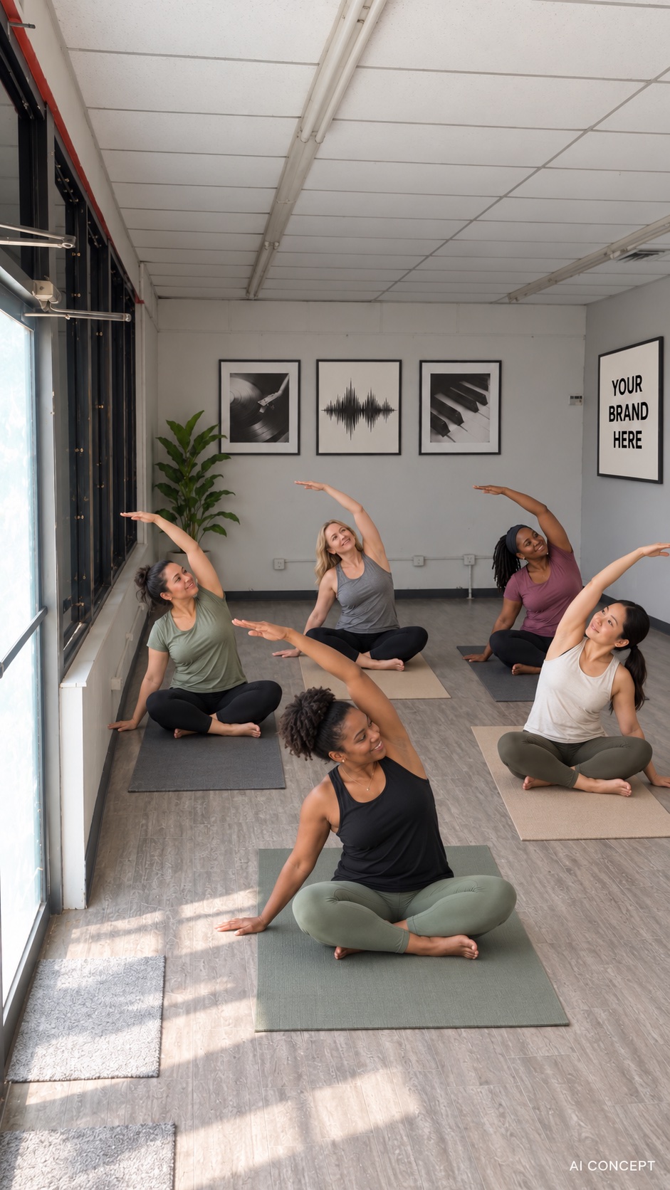 AI concept: Five adult women practicing gentle seated stretches on yoga mats in the Gasline space